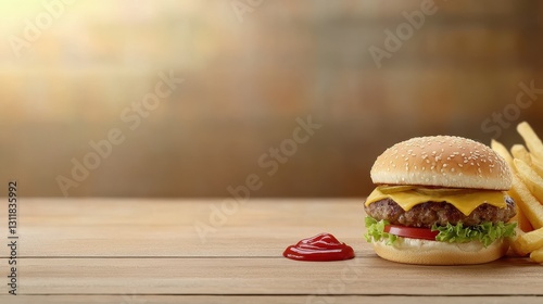 Burger with Crispy Fries and Ketchup on Wooden Table
