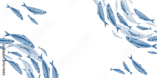 Sardine fish in a semicircular template swimming in a shoal stylized watercolor illustration on a transparent background for fish restaurants, websites, posters, fish markets and stores