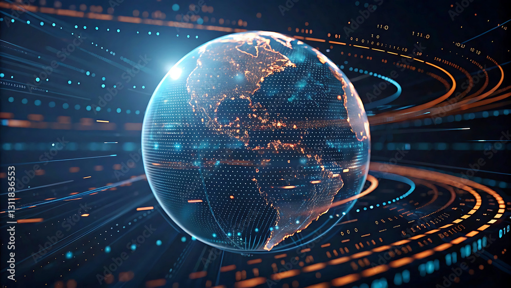 Our Interconnected World, A Glowing Digital Earth Pulsating With Data Streams And Vibrant City Lights, Shown In Deep Blue And Orange Hues Our Interconnected World, A Glowing Digital Earth Pulsating With Data Streams And Vibrant City Lights, Shown In Deep Blue And Orange Hues