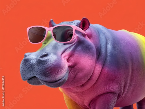 Colorful hippo wearing stylish pink sunglasses against a vibrant orange background.