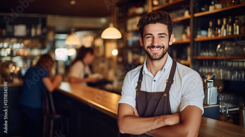 A smiling, handsome male American bar attender serving drinks with a friendly and professional attitude at a lively bar.

