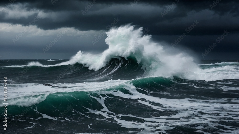 A stormy ocean crashes against jagged rocks, sending powerful waves and sea spray into the air. A stormy ocean crashes against jagged rocks, sending powerful waves and sea spray into the air.