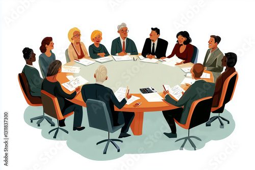 A silhouette of business people in a meeting, sitting around a conference table for a presentation and teamwork discussion