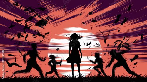 Silhouette of a Girl in Motion at Sunset with Dramatic Shadows and Vibrant Landscape