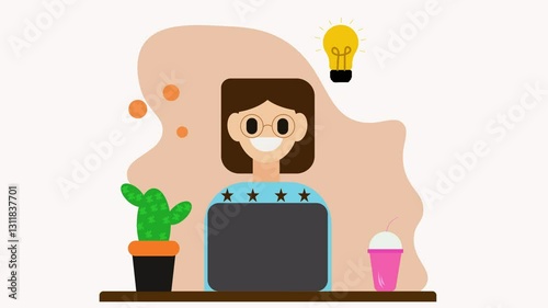 Video footage A woman wearing glasses is working with a laptop on a desk vector flat illustration 