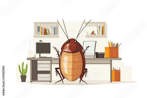 Cartoon Cockroach in Modern Office Setting with Desk and Plants