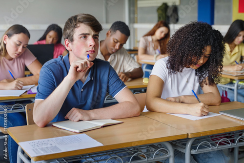 High School College student doing test exam, thinking ideas and writing text - Education Concentration