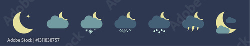 Night Weather icons set on dark background. Weather forecast icon set. Vector illustration of night weather forecast icon set.
