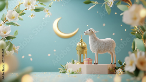 Eid al Adha Festive Scene Lamb Crescent Moon Gift and Blossoms photo