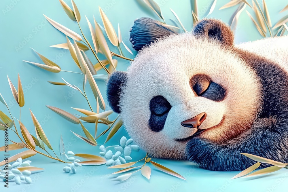 Fototapeta premium A chubby panda rolling, with bamboo leaves scattered around
