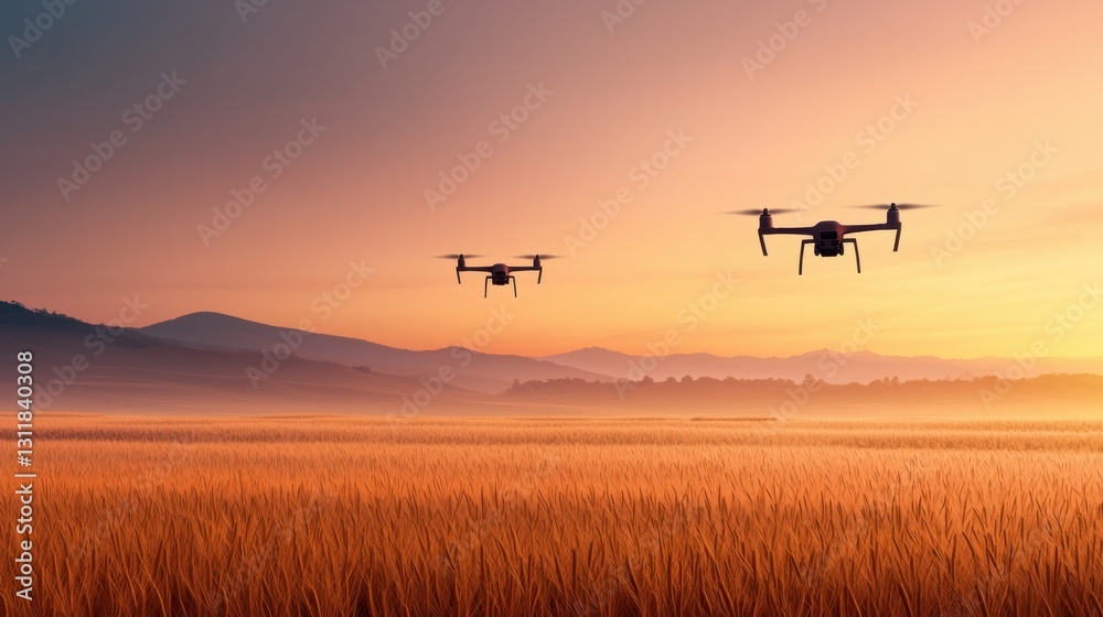 a tranquil landscape where rural life harmonizes with AI, farms using drones for crops, smart devices aiding in agricultural tasks, golden fields under a vibrant sunset, a tranquil landscape where rural life harmonizes with AI, farms using drones for crops, smart devices aiding in agricultural tasks, golden fields under a vibrant sunset,