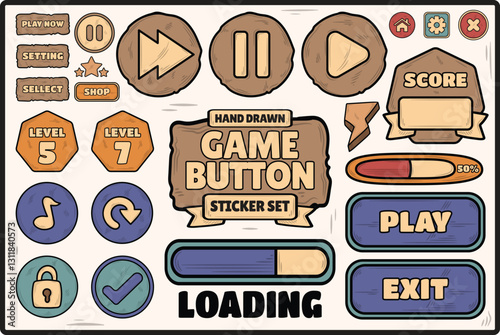 Game Button Hand Drawn Sticker Set