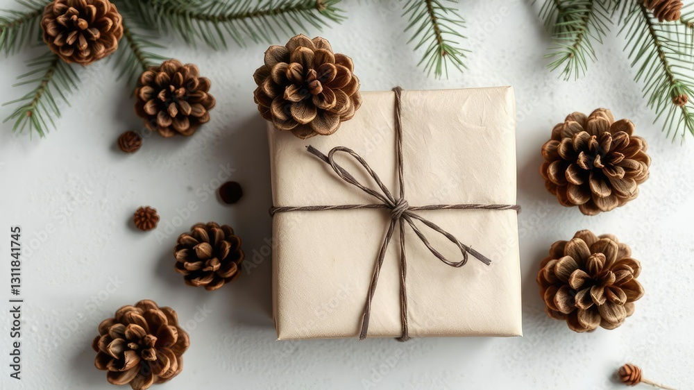 Handmade paper package tied with leather strap and adorned with pinecones, handmade, natural Handmade paper package tied with leather strap and adorned with pinecones, handmade, natural