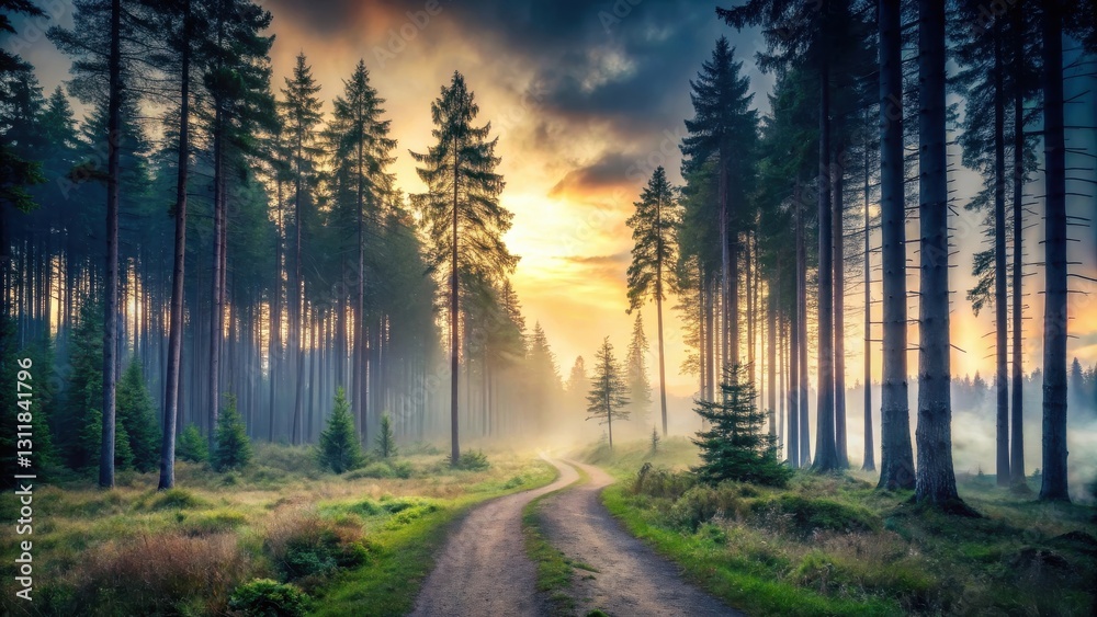 Obraz premium Serene Sunrise Path Through Misty Forest With Tall Trees