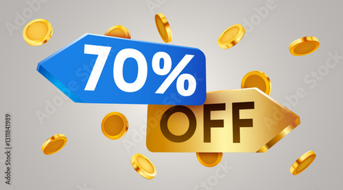 70 percent off sale label with falling golden coins. Cashback or sale concept.