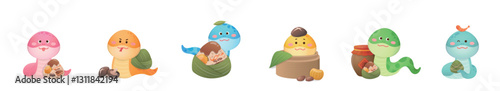 Chinese Dragon Boat Festival traditional food Zongzi, steamed glutinous rice, snake mascot and cartoon character set