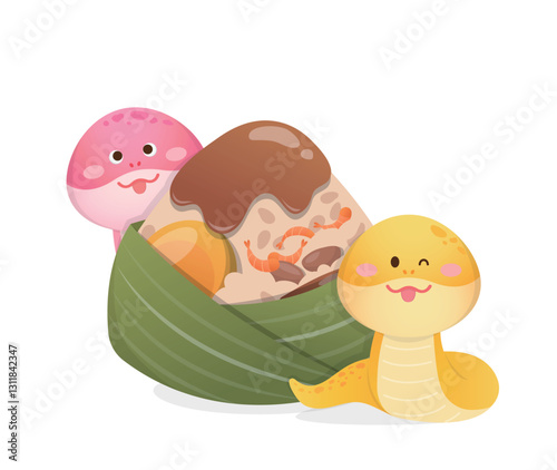Yellow and pink snake cartoon mascot with steamed glutinous rice, Chinese food zongzi