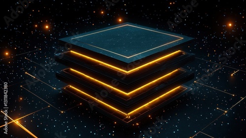 An intricate 3D model of a blockchain architecture, showcasing layers of blocks and nodes, illuminated in a dark space with stars, emphasizing complexity and innovation in technology