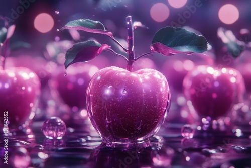 A futuristic apple orchard with robotic arms harvesting apples from glowing, genetically modified apple trees under a neon-lit dome