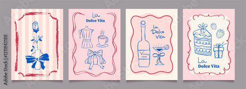 Set of vintage food poster templates with bows and graphics in ink doodle style. Hand drawn modern vector posters for dinner, interior, menu.