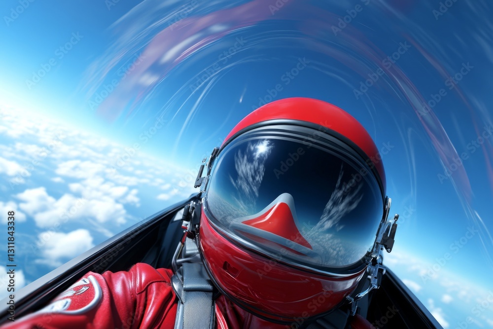 Fototapeta premium A daring pilot in a red suit captures a thrilling aerial selfie in flight