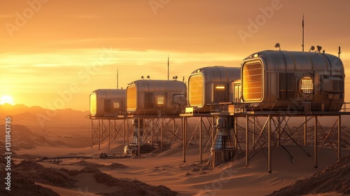 Climate change drought concept. Futuristic habitats on stilts in a desert landscape at sunset.