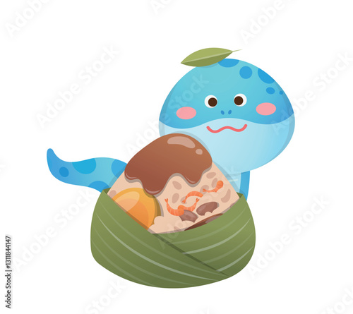 Playful little snake and traditional Dragon Boat Festival food, glutinous rice with fillings and sauces