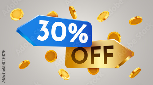 30 percent off sale label with falling golden coins. Cashback or sale concept.