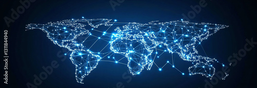 Dynamic blue abstract vector background with interconnected white low-poly dots and lines symbolizing global internet data flow. Technology concept for digital communication, cybersecurity, and futuri