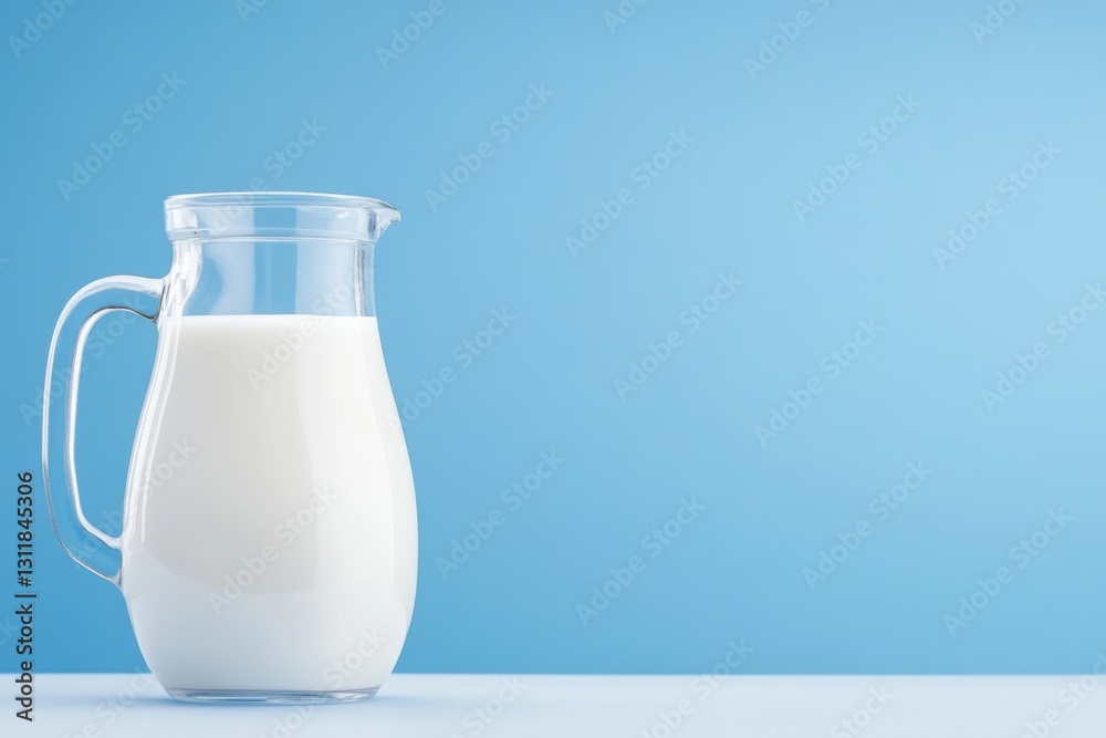Fresh milk in a clear glass pitcher against a blue background Fresh milk in a clear glass pitcher against a blue background