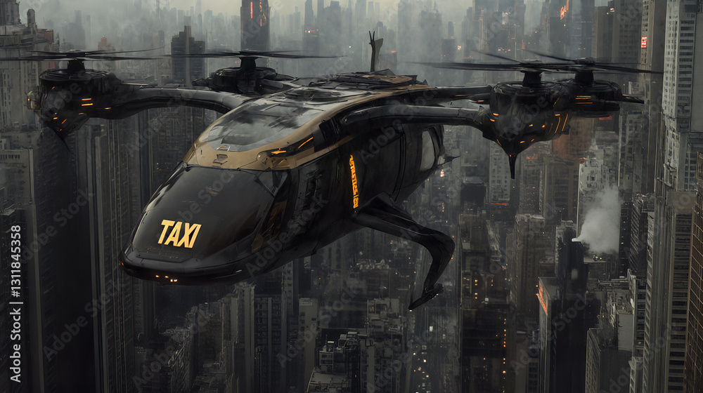 Futuristic air taxi flying through metropolitan skyline in overcast weather