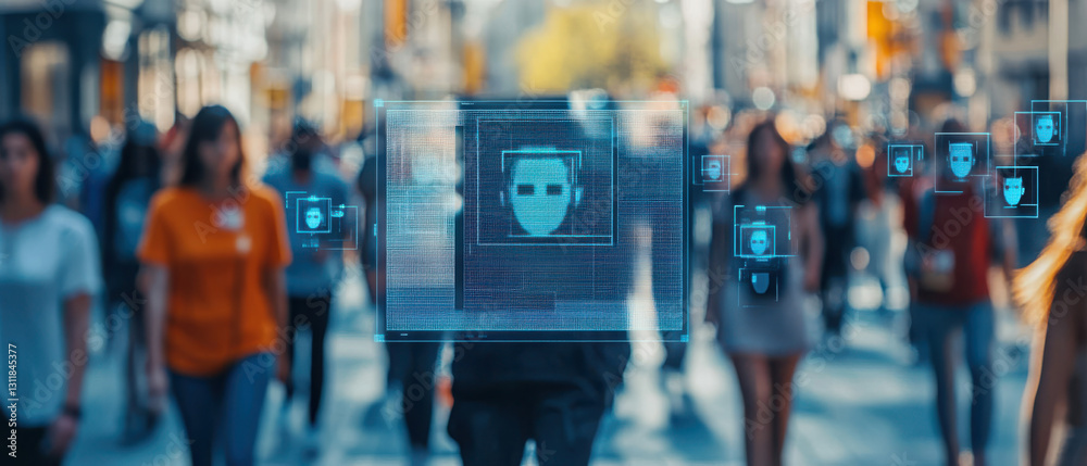 Facial recognition technology analyzing people in busy urban street with blurred background