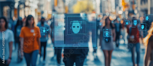 Obraz na płótnie Facial recognition technology analyzing people in busy urban street with blurred background w salonie