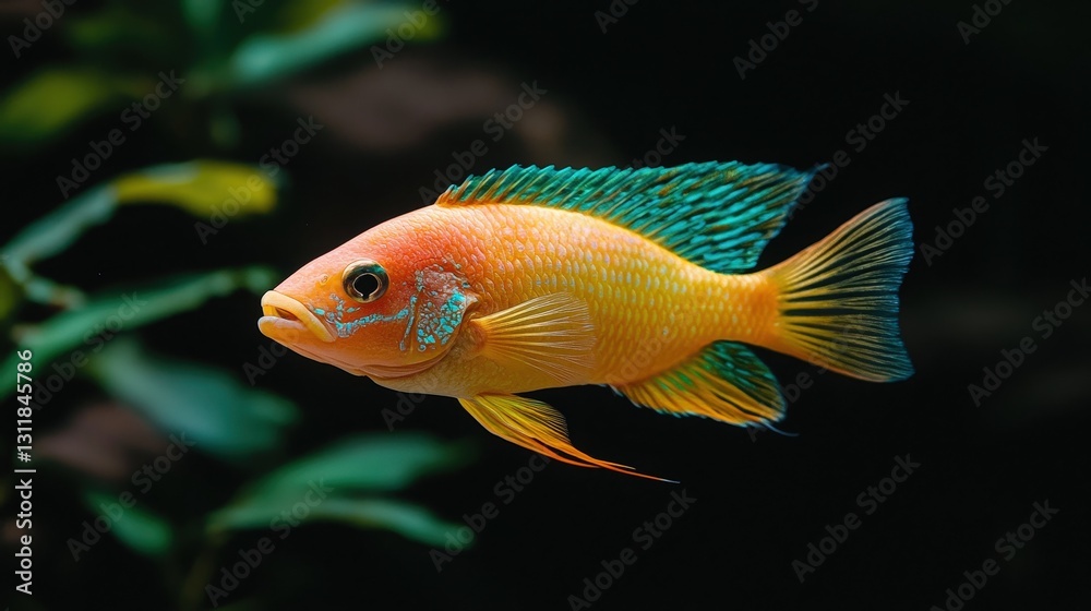 Vibrant orange and teal fish swimming in dark aquarium. Vibrant orange and teal fish swimming in dark aquarium.