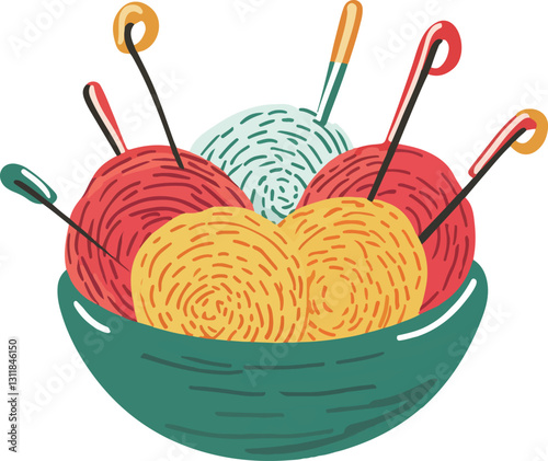 Yarn Balls and Knitting Needles in Bowl