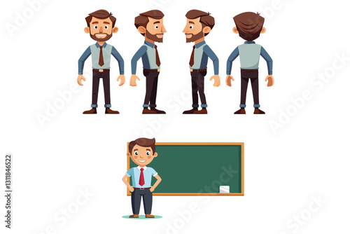 teacher near school board, Presenter Set, Ｍan and blackboard, teacher Pointing at Blackboard, Professor with pointer in board