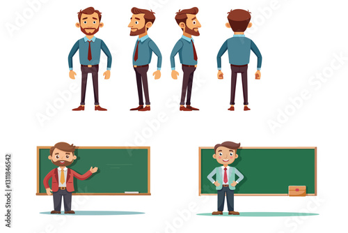 teacher near school board, Presenter Set, Ｍan and blackboard, teacher Pointing at Blackboard, Professor with pointer in board