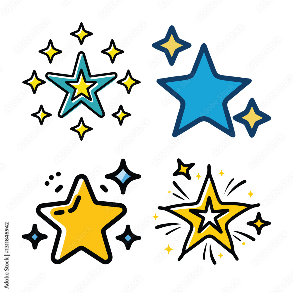 Four Cute Cartoon Stars with Sparkles Four Cute Cartoon Stars with Sparkles