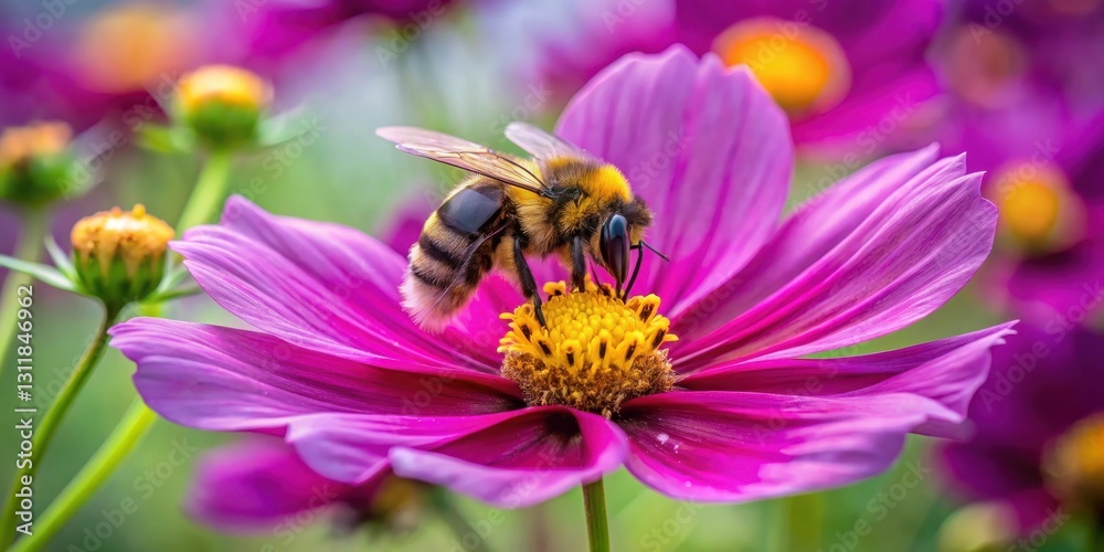 A fuzzy bumblebee delicately gathers nectar from a vibrant magenta cosmos flower, surrounded by a soft-focus field of similar blooms in a picturesque summer scene. A fuzzy bumblebee delicately gathers nectar from a vibrant magenta cosmos flower, surrounded by a soft-focus field of similar blooms in a picturesque summer scene.