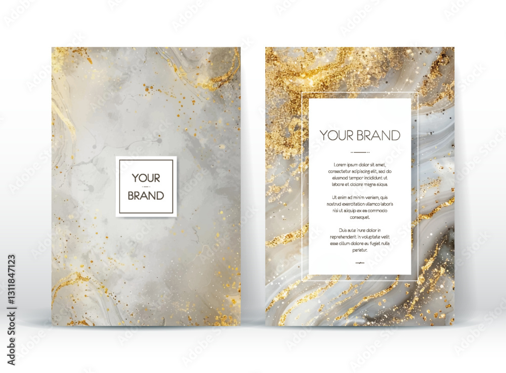 Modern cover design set. Creative artistic pattern with golden brush stroke, paint drop (stain) on light grey and white background. Marble effect. Luxury vector art for flyer, poster, notepad.