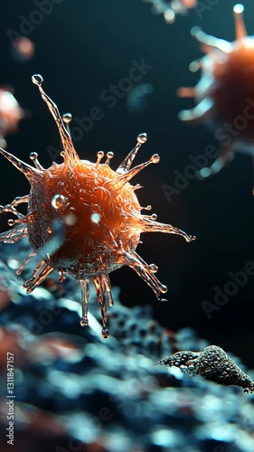 Microscopic view of virus cells interacting in a dark environment with intricate details and textures