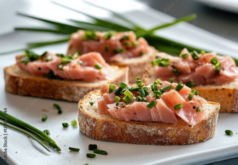 Delicious Open-Faced Sandwiches with Fresh Salmon and Chopped Chives on Artisan Bread Served in Modern Kitchen Setting Delicious Open-Faced Sandwiches with Fresh Salmon and Chopped Chives on Artisan Bread Served in Modern Kitchen Setting