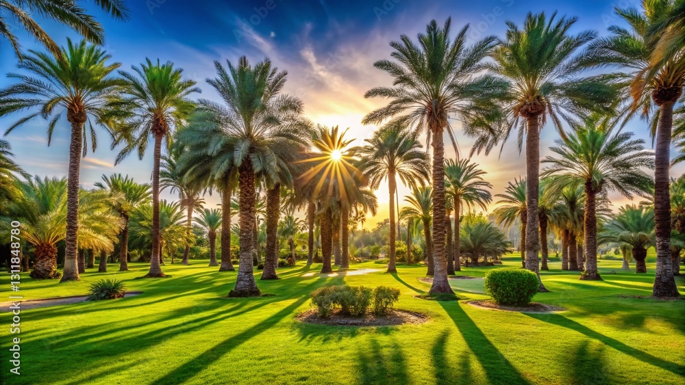 Yanbu Oasis: Panoramic 4K View of Palm Trees in a Public Park Yanbu Oasis: Panoramic 4K View of Palm Trees in a Public Park