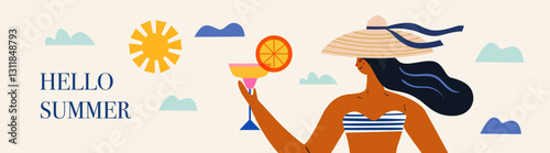 Colorful summer vector banner with woman and coctail