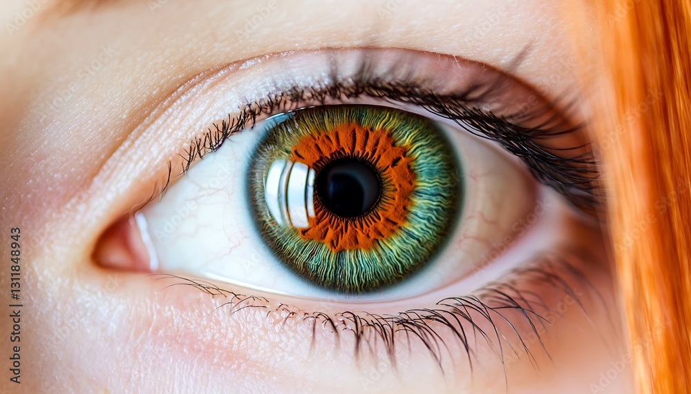 Fototapeta premium Close-up eye detail, orange and green iris, hair