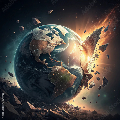 Fiery demise of a carbonized Earth globe, crumbling to ashes on glowing embers, a powerful depiction of global warming in high-definition