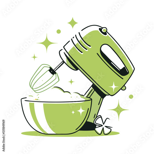 Minimalist vector illustration of a hand mixer blending ingredients in a bowl, symbolizing baking, cooking, and kitchen essentials. Modern and stylish design.