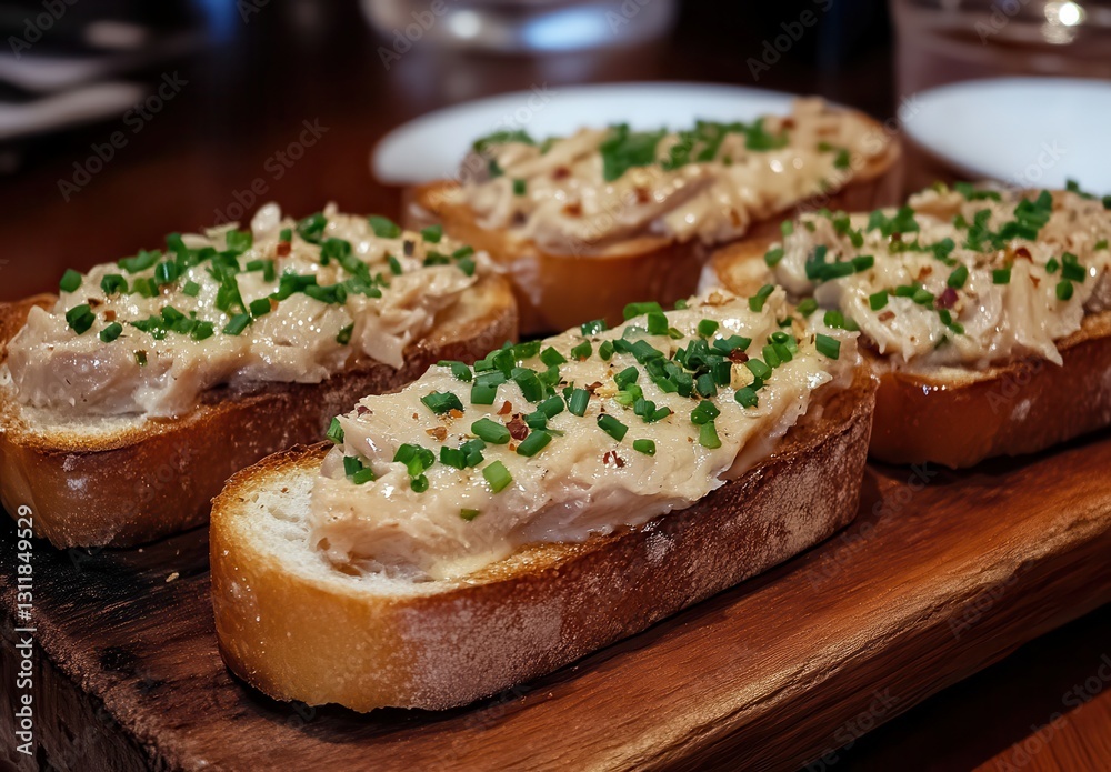 Deliciously Appetizing Toasts Topped with Creamy Spread and Fresh Chopped Chives on a Rustic Wooden Tray Deliciously Appetizing Toasts Topped with Creamy Spread and Fresh Chopped Chives on a Rustic Wooden Tray