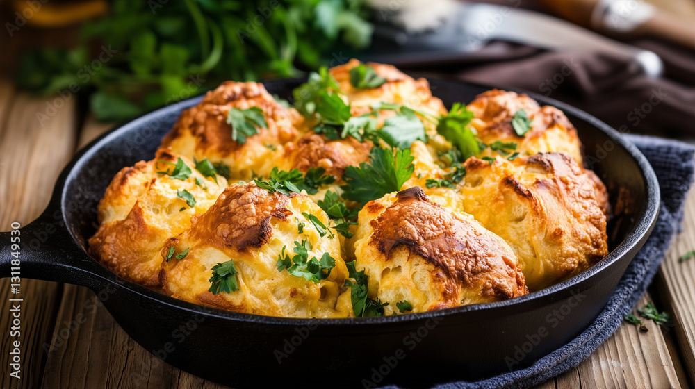 Freshly Baked Cheese-Filled Bread in Cast Iron Pan with Herbs Freshly Baked Cheese-Filled Bread in Cast Iron Pan with Herbs
