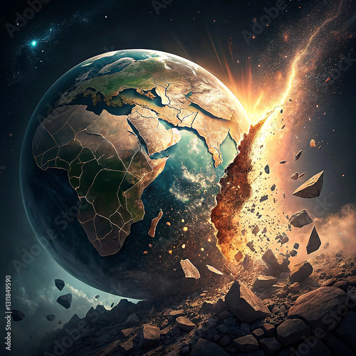 Fiery demise of a carbonized Earth globe, crumbling to ashes on glowing embers, a powerful depiction of global warming in high-definition